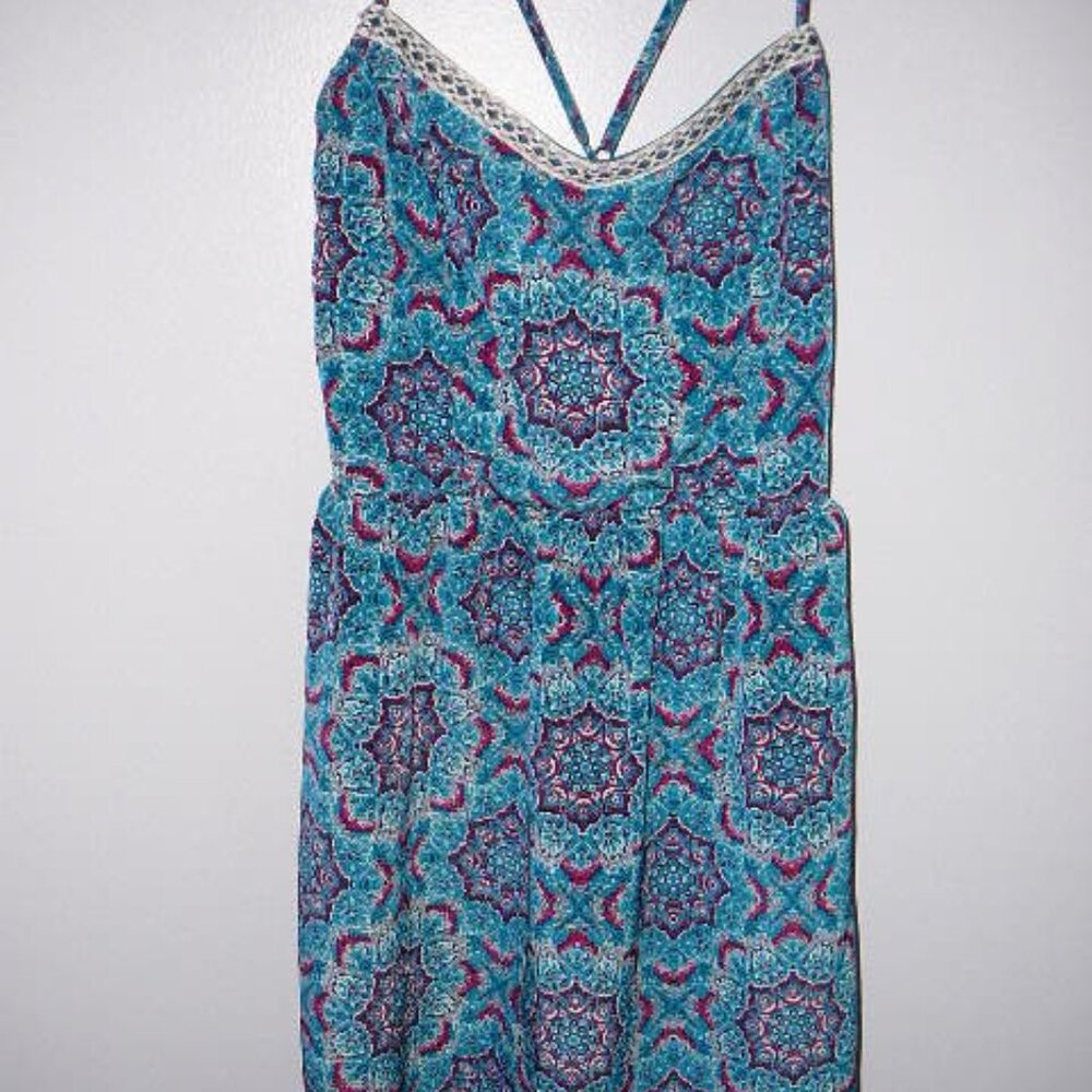 Three Pink Hearts Trixxi V Neck Spaghetti Strap Sleeveless RW Blue Lined Dress-S